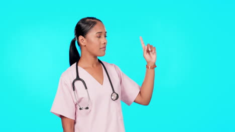 Woman,-doctor-and-pointing-in-studio-for-mockup