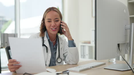 Asian-woman,-doctor-and-phone-call-with-document
