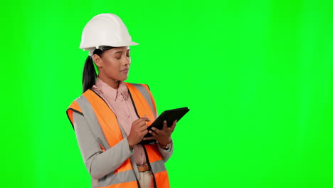 Tablet,-thinking-and-a-construction-worker-woman
