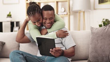 Relax,-tablet-and-black-couple-with-hug