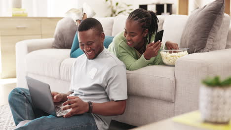 Laptop,-conversation-and-relax-black-couple