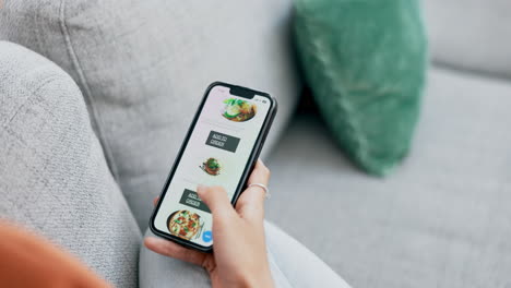 Woman,-hands-and-phone-on-food-website
