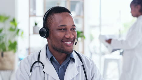 Video-call,-doctor-and-talking-with-black-man