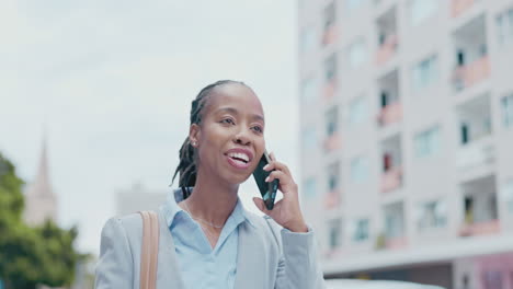 Phone-call,-black-woman-and-business-walking