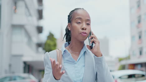 Angry,-walking-and-business-woman-with-phone-call