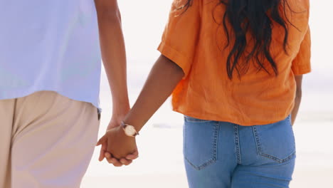 Walking-couple,-beach-and-holding-hands-outdoor