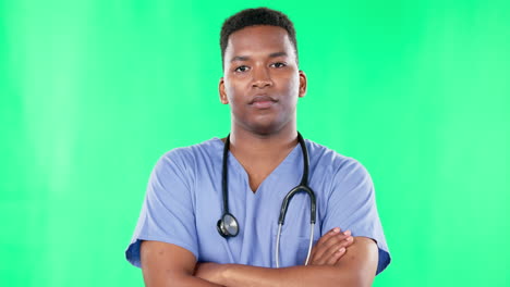 Face,-nurse-and-black-man-with-arms-crossed