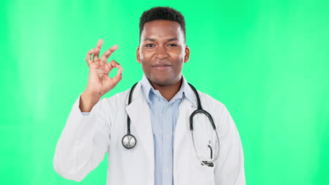 Face,-doctor-and-black-man-with-ok-sign-on-green
