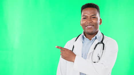 Doctor,-Sonrisa-Y-Hombre-Negro-Apuntando-Al-Verde