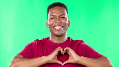 Happy,-heart-and-face-of-man-on-green-screen