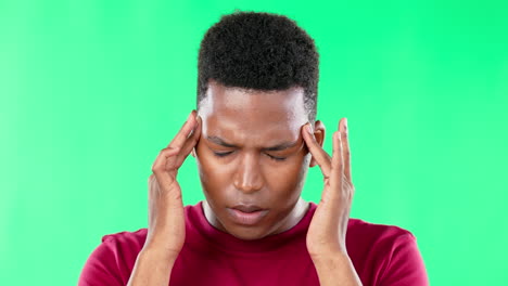 Headache,-stress-and-black-man-with-pain-on-green