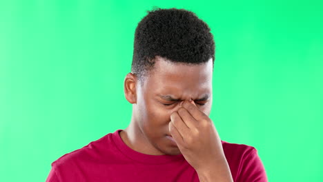 Stress,-headache-and-black-man-in-green-screen