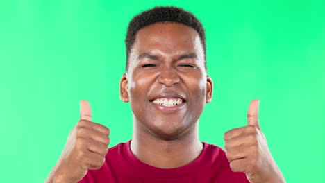 Face,-thumbs-up-and-black-man-smile-on-green