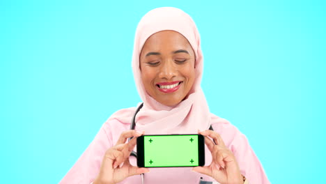 Phone,-green-screen-and-woman-doctor-isolated