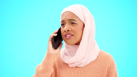 Muslim-woman,-phone-call-and-angry