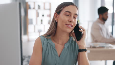 Phone-call,-office-and-woman-answer