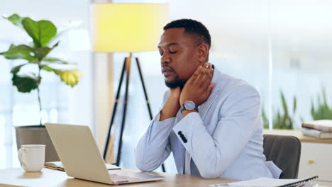 Business,-black-man-and-neck-pain-in-office