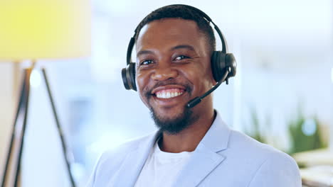 Face,-smile-and-black-man-in-call-center