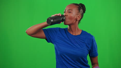Fitness,-water-and-woman-in-a-studio-with-green