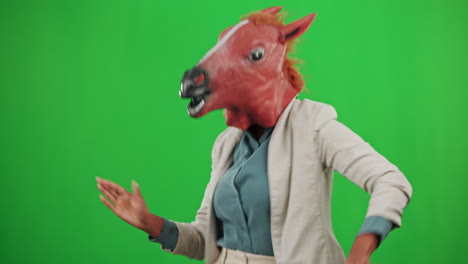 Horse-mask,-woman-and-dancing-on-green-screen