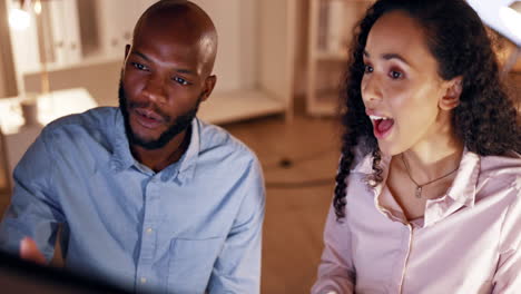 Black-man,-woman-and-teamwork-at-office-in-night