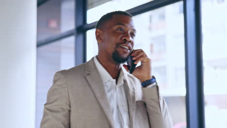 Phone-call,-black-man-and-walking-in-office