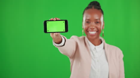 Green-screen,-studio-and-black-woman-with-phone
