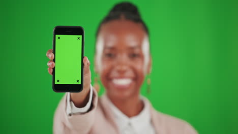 Green-screen,-phone-and-hands-of-black-woman