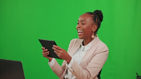 Tablet,-laughing-business-and-black-woman-on-green