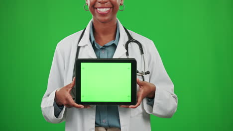 Doctor,-green-screen-or-black-woman-with-tablet