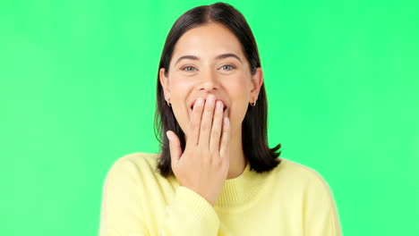 Wow,-laughing-and-face-of-a-woman-on-green-screen