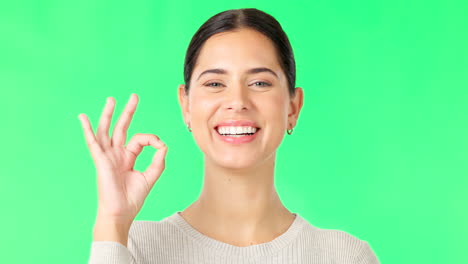 Face,-green-screen-and-woman-with-ok-sign