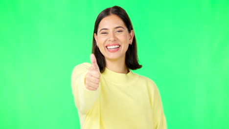 Happy-woman,-thumbs-up-and-green-screen