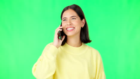 Glückliche-Frau,-Telefonanruf-Und-Gespräch-Auf-Grün