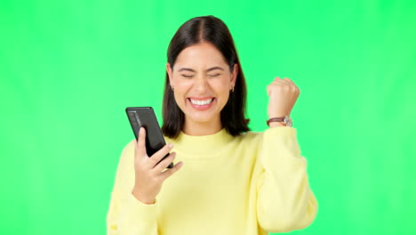 Happy-woman,-phone-and-celebration-on-green-screen