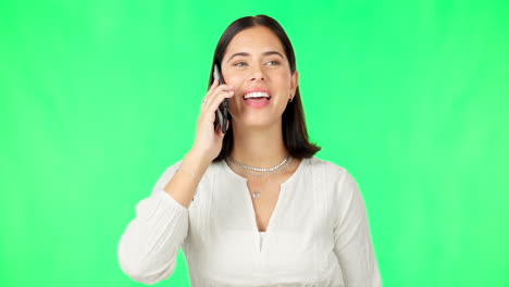 Woman,-smile-and-phone-call-on-green-screen