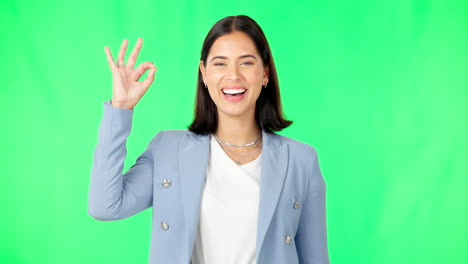 Okay-hands,-face-and-woman-smile-on-green-screen