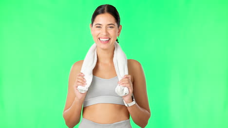 Green-screen,-towel-and-face-of-happy-woman