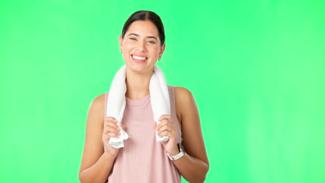 Green-screen,-towel-and-face-of-fitness-woman