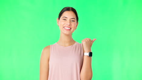 Woman-face,-pointing-and-fitness-gesture-at-green