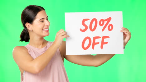 Woman,-portrait-and-sale-sign-on-green-screen