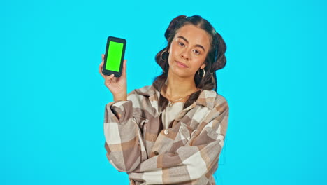 Phone,-green-screen-and-frustrated-woman-in-studio