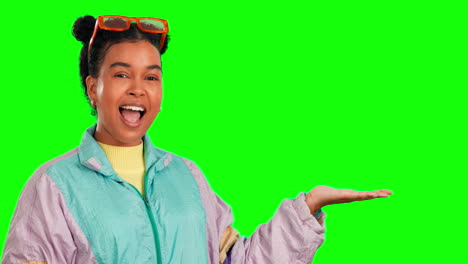 Green-screen-woman,-palm-and-happy-gesture