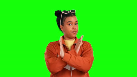 Green-screen,-head-shake-or-woman-face-with-no