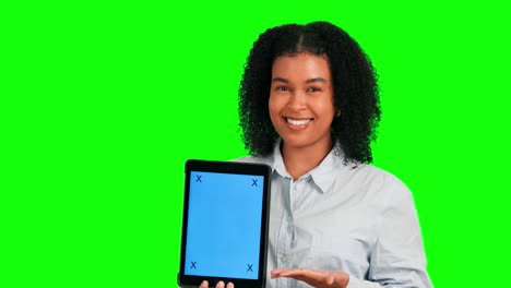 Greenscreen-Gesicht,-Tablet-Oder-Glückliche-Frau-Mit-Handfläche