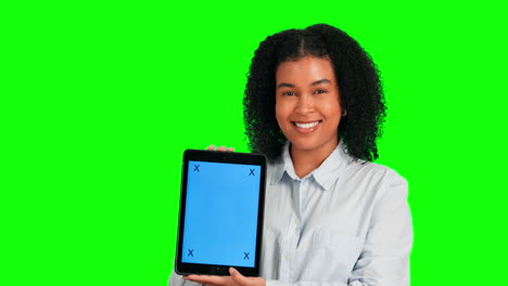 Greenscreen-Gesicht,-Tablet-Oder-Glückliche-Frau-Mit-Logo