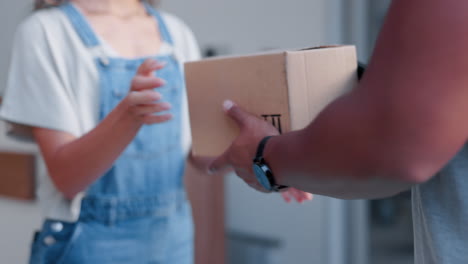 Delivery,-box-and-courier-with-hands-of-people