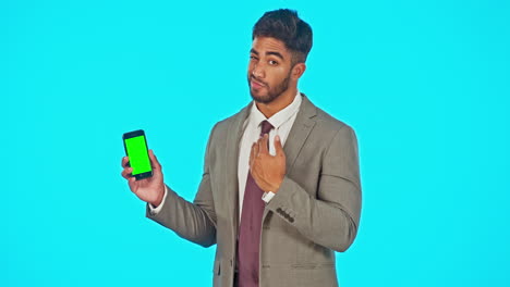 Green-screen,-phone-and-business-man-with-thumbs