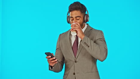 Music-headphones,-coffee-and-man-with-phone