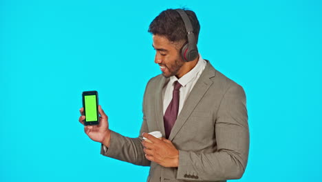 Headphones,-phone-and-business-man-with-green